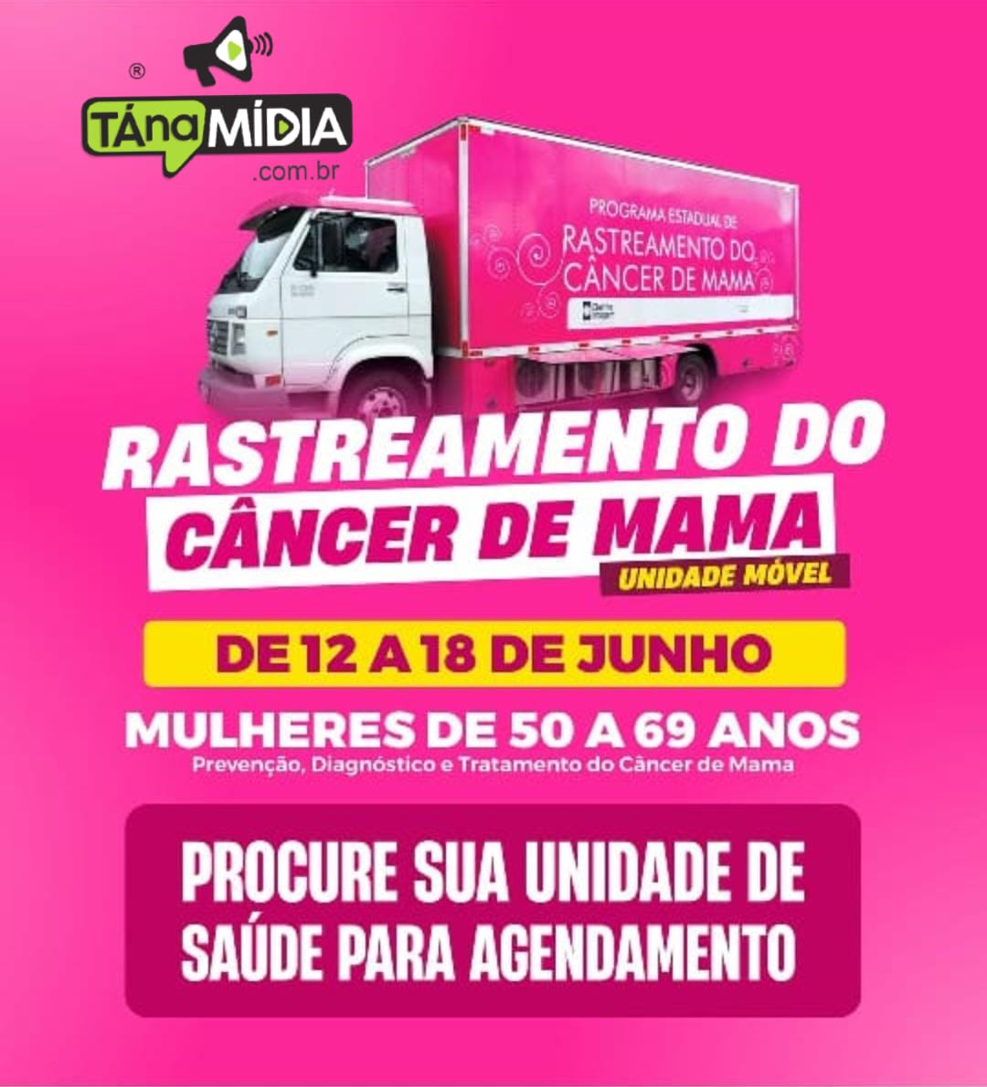 CARAVANA DA MAMOGRAFIA ESTARÁ REALIZANDO EXAMES DE RASTREAMENTO DE CÂNCER DE MAMA EM IBIASSUCÊ ENTRE OS DIAS 12 E 18 DE JUNHO