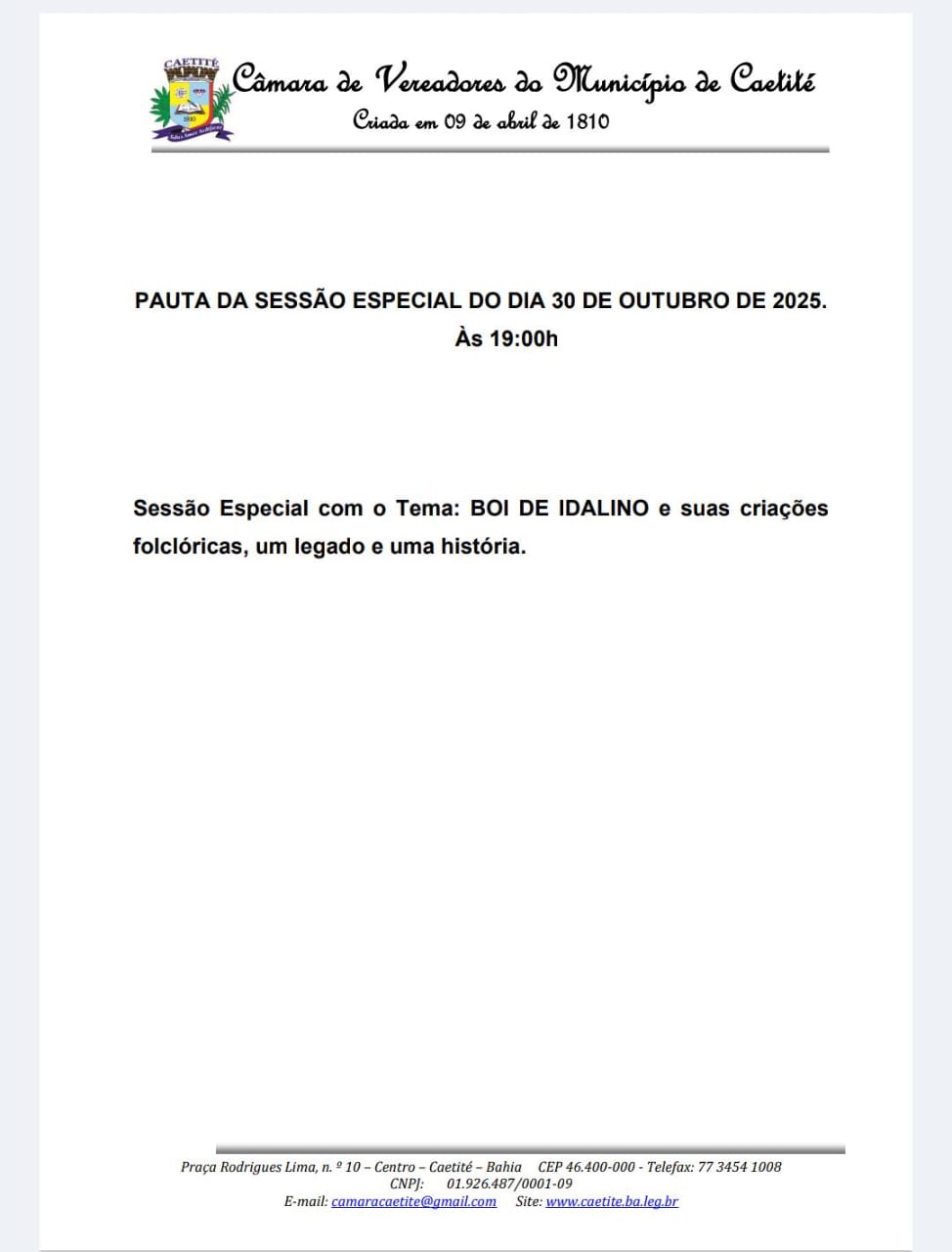 PAUTA DA SESSÃO ESPECIAL DA CÂMARA DE VEREADORES COM O TEMA BOI DE IDALINO.