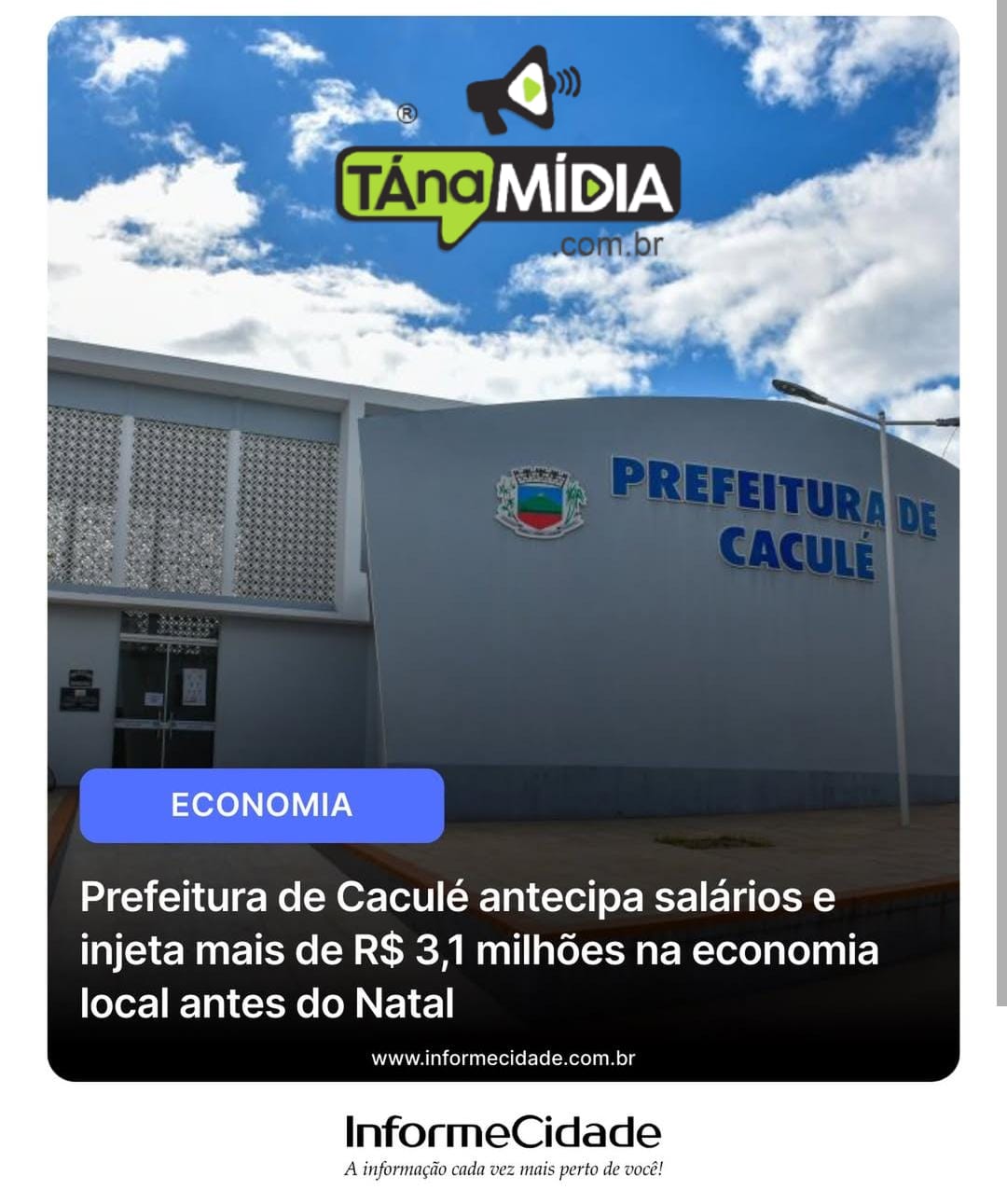 PREFEITURA DE CACULÉ ANTECIPA SALÁRIOS E INJETA MAIS DE R$ 3,1 MILHÕES NA ECONOMIA LOCAL ANTES DO NATAL